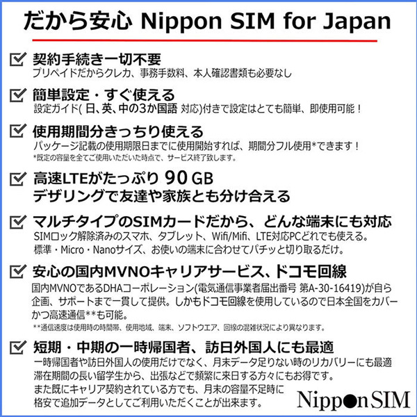 Nippon SIM for Japan 標準版 60日90GB 日本国内用 ドコモ回線 プリペイドデータSIMカード（事務手続一切不要・SIMカード同梱・簡単設定/即利用OK）