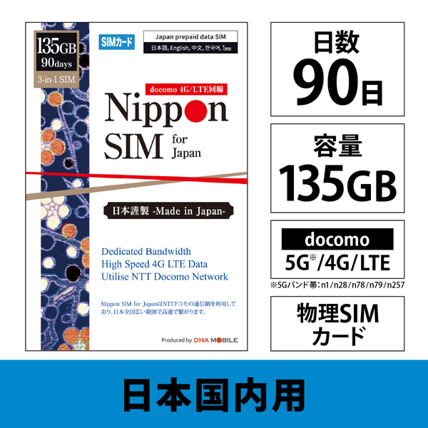 Nippon SIM for Japan 標準版 90日135GB 日本国内用 ドコモ回線 プリペイドデータSIMカード（事務手続一切不要・SIMカード同梱・簡単設定/即利用OK）