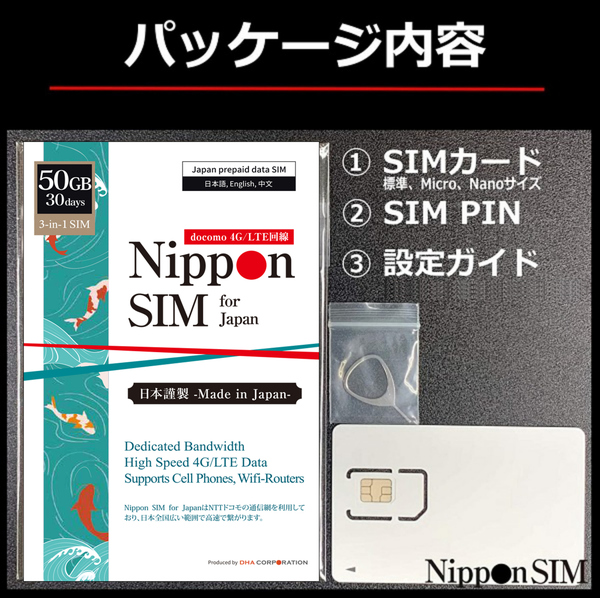 Nippon SIM for Japan 30日50GB 日本国内用 ドコモ回線 プリペイドデータSIMカード