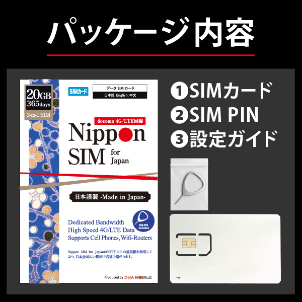 Nippon SIM for Japan 365日20GB 日本国内用 ドコモ回線 プリペイドデータSIMカード