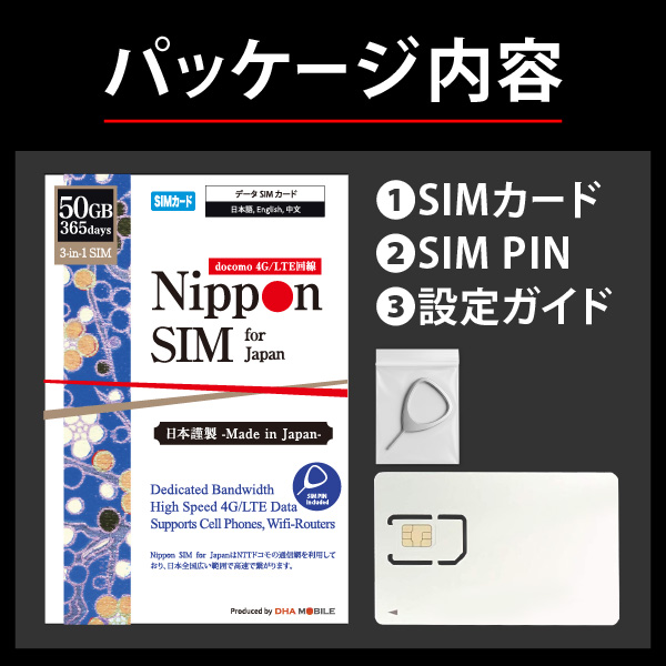 Nippon SIM for Japan 365日50GB 日本国内用 ドコモ回線 プリペイドデータSIMカード