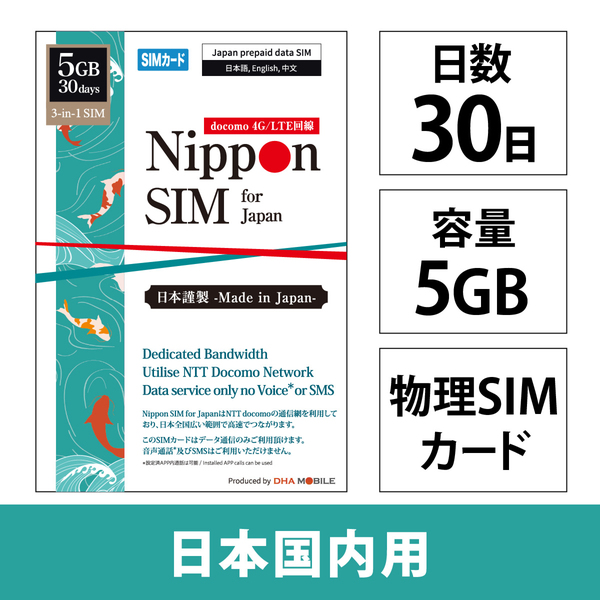 Nippon SIM for Japan 標準版30日5GB 日本国内用 ドコモ回線 プリペイドデータSIMカード