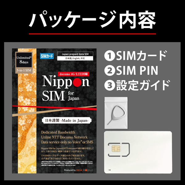 Nippon SIM for Japan 無制限版 8日 毎日3GB 日本国内用 ドコモ回線 プリペイドデータSIMカード