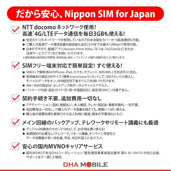 Nippon SIM for Japan 無制限版 15日 毎日3GB 日本国内用 ドコモ回線 プリペイドデータSIMカード(事務手続一切不要・SIMカード同梱・簡単設定/即利用OK)