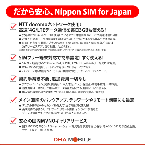 【eSIM端末専用】Nippon SIM for Japan 無制限版 8日 毎日3GB 日本国内用プリペイドデータ eSIM (ドコモ回線) 事務手続一切不要・QRコード同梱・簡単設定/即利用OK