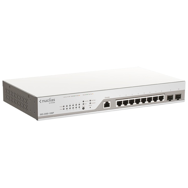 Nuclias対応ギガビットL2スマートスイッチ、PoE+対応(最大130W給電)、10/100/1000BASE-Tポート×8、SFPスロット×2、1年間ライセンス付
