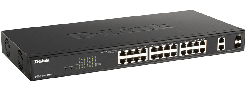 DGS-1100-26MPV2 ギガビットL2 Easyスマートスイッチ、PoE+対応(最大370W給電)、10/100/1000BASE-Tポート（PoE+）×24、10/100/1000BASE-T×2、SFPスロット（Combo）×2