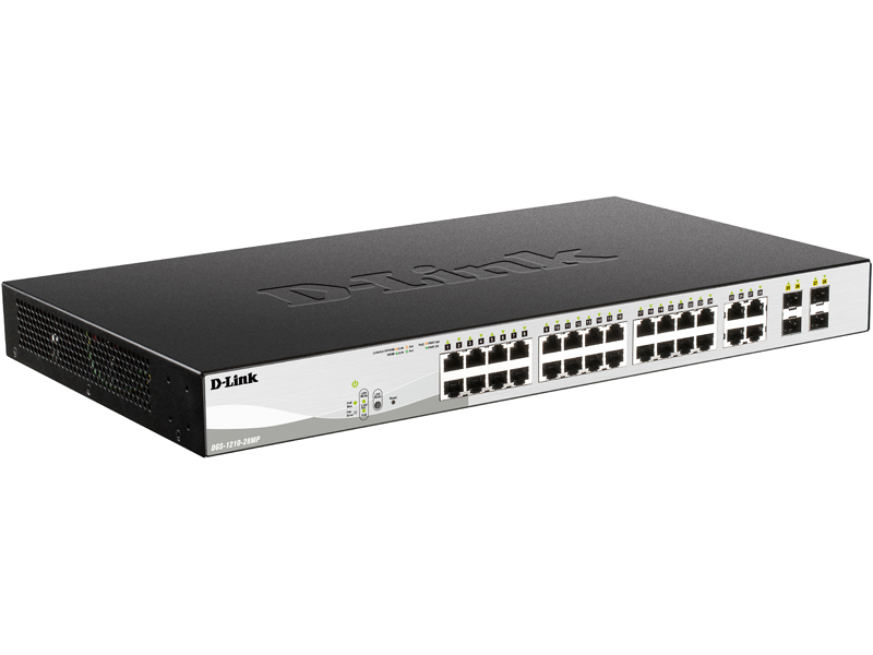 DGS-1210-28MP ギガビットL2スマートスイッチ、PoE/PoE+対応(最大370W給電)、10/100/1000BASE-Tポート(PoE+対応)x24、10/100/1000BASE-Tポートx4(SFPコンボスロットx4)