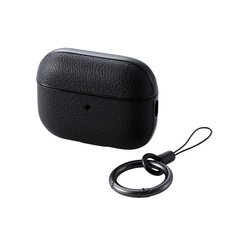 AirPods Pro 第2世代対応アクセサリ/ソフトレザーケース/カラビナ付き/ブラック