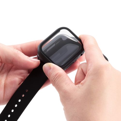 Apple Watch Series 8/7 45mm用フルカバーケース/プレミアムガラス/ゴリラ/高透明/ブラック