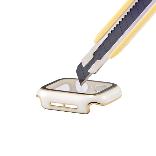 Apple Watch 40mm/フルカバーケース/プレミアムガラス/高透明/ゴールドライン/ホワイト
