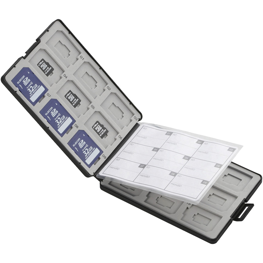 メモリカードケース/インデックス台紙付き/SD18枚+microSD18枚収納/ブラック