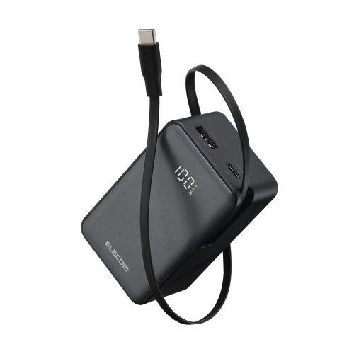 モバイルバッテリー/リチウムイオン電池/巻取り式USB-Cケーブル一体/残量表示/22.5W/10000mAh/USB-C/USB-A/ブラック