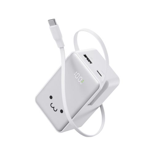 モバイルバッテリー/リチウムイオン電池/巻取り式USB-Cケーブル一体/残量表示/22.5W/10000mAh/USB-C/USB-A/しろちゃん