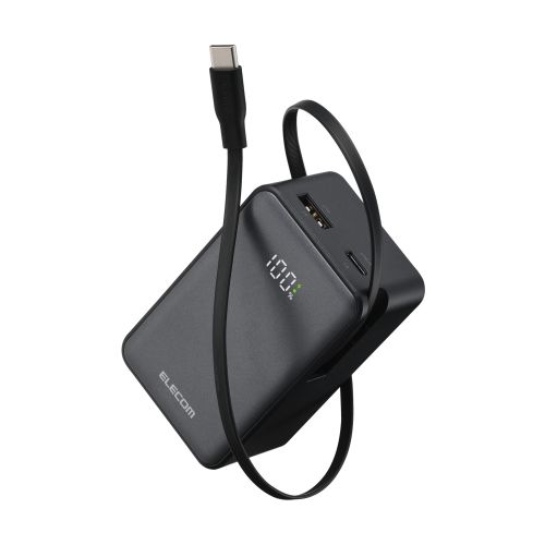 モバイルバッテリー/リチウムイオン電池/巻取り式USB-Cケーブル一体/残量表示/45W/10000mAh/USB-C/USB-A/ブラック
