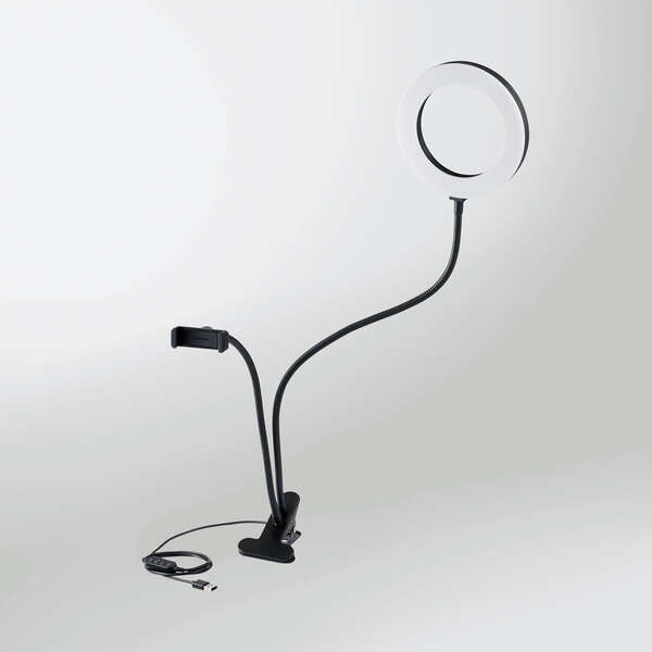 LEDリングライト/16cm/クリップスタンド/3色モード/10段階調光/USB給電/ブラック