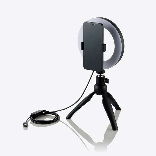 LEDリングライト/16cm/ミニ三脚スタンド付き/3色モード/10段階調光/USB給電/ブラック