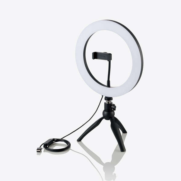 LEDリングライト/26cm/ミニ三脚スタンド付き/3色モード/10段階調光/USB給電/ブラック