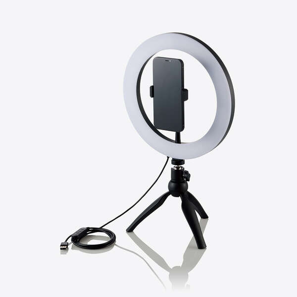 LEDリングライト/26cm/ミニ三脚スタンド付き/3色モード/10段階調光/USB給電/ブラック