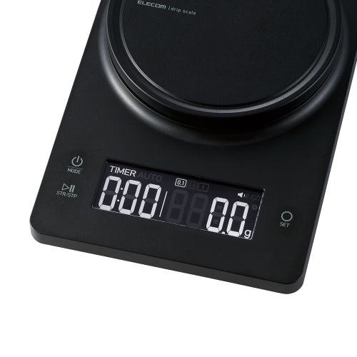 ドリップスケール/コーヒー専用タイマー機能搭載/計量+タイマー計測同時表示/操作・カウント音付/最大2kg/最小0.1g表示/バックライト付/ブラック
