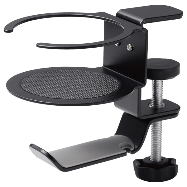 ヘッドホンスタンド/クランプ式/360度回転/ドリンクホルダー付/ブラック