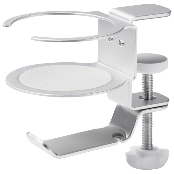 ヘッドホンスタンド/クランプ式/360度回転/ドリンクホルダー付/シルバー