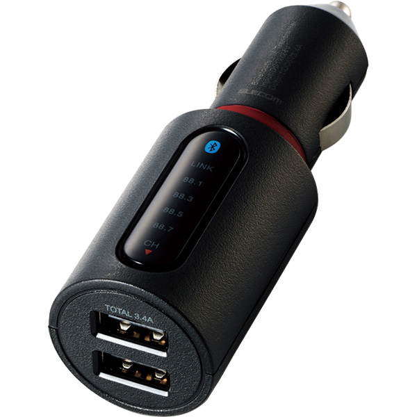 FMトランスミッター/Bluetooth/USB2ポート付/3.4A/おまかせ充電/4チャンネル/ブラック