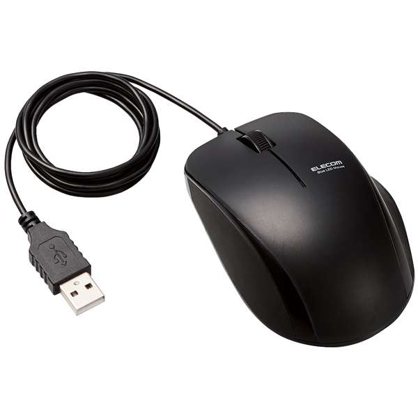 BlueLEDマウス/有線/3ボタン/サイドラバー/抗菌/ブラック