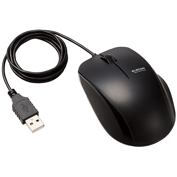 BlueLEDマウス/有線/3ボタン/サイドラバー/静音/抗菌/ブラック