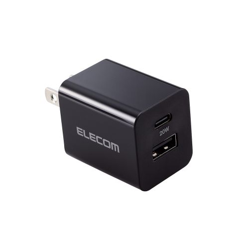 AC充電器/USB充電器/スマホ・タブレット用/USB PD対応/20W/USB-C/USB-A/スイングプラグ/ブラック