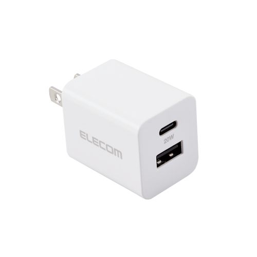 AC充電器/USB充電器/スマホ・タブレット用/USB PD対応/20W/USB-C/USB-A/スイングプラグ/ホワイト