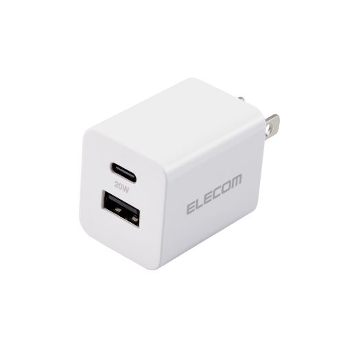 AC充電器/USB充電器/スマホ・タブレット用/USB PD対応/20W/USB-C/USB-A/スイングプラグ/ホワイト