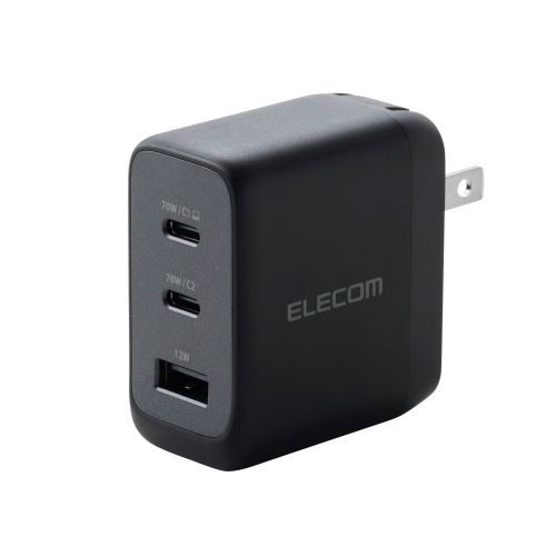 AC充電器/スマホ・タブレット用/AdjustCharge搭載/USB PD/70W/USB-C×2/USB-A/スイングプラグ/ブラック