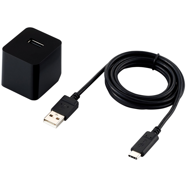 スマートフォン・タブレット用AC充電器/2.4A出力/USB-Aメス1ポート/Type-Cケーブル同梱(A-C)/1.5m/おまかせ充電搭載/ブラック