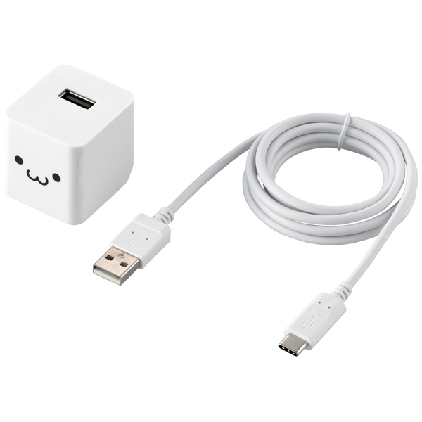 スマートフォン・タブレット用AC充電器/2.4A出力/USB-Aメス1ポート/Type-Cケーブル同梱(A-C)/1.5m/おまかせ充電搭載/ホワイトフェイス