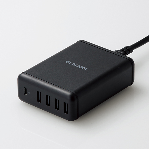 スマートフォン・タブレット用AC充電器/USB-A4ポート(おまかせ充電)/Type-C1ポート(USB PD30W)/電源ケーブル1.5m/ブラック