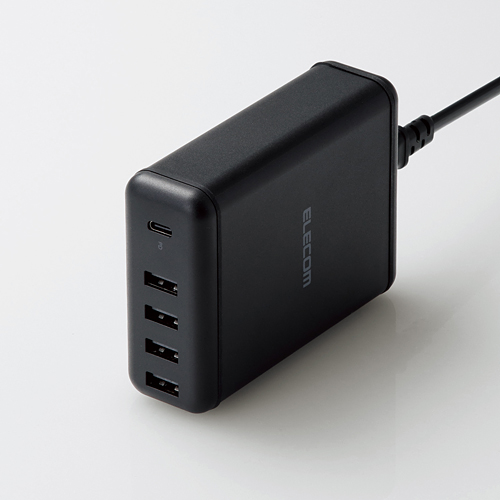 スマートフォン・タブレット用AC充電器/USB-A4ポート(おまかせ充電)/Type-C1ポート(USB PD30W)/電源ケーブル1.5m/ブラック