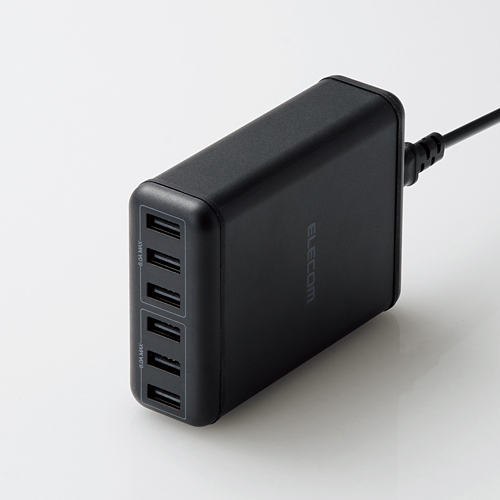 スマートフォン・タブレット用AC充電器/USB-A6ポート(おまかせ充電)/電源ケーブル1.5m/ブラック