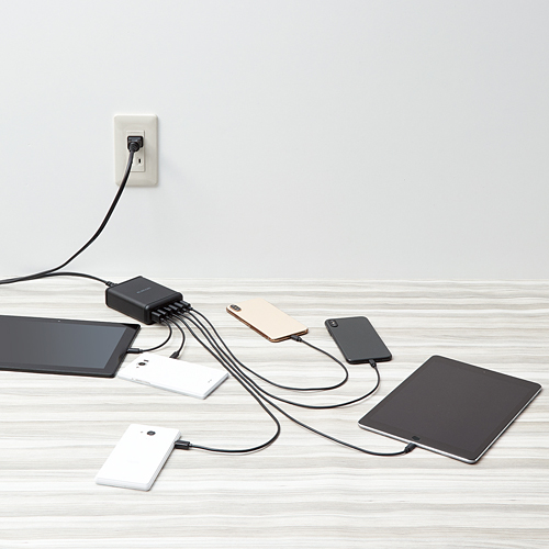 スマートフォン・タブレット用AC充電器/USB-A6ポート(おまかせ充電)/電源ケーブル1.5m/ブラック