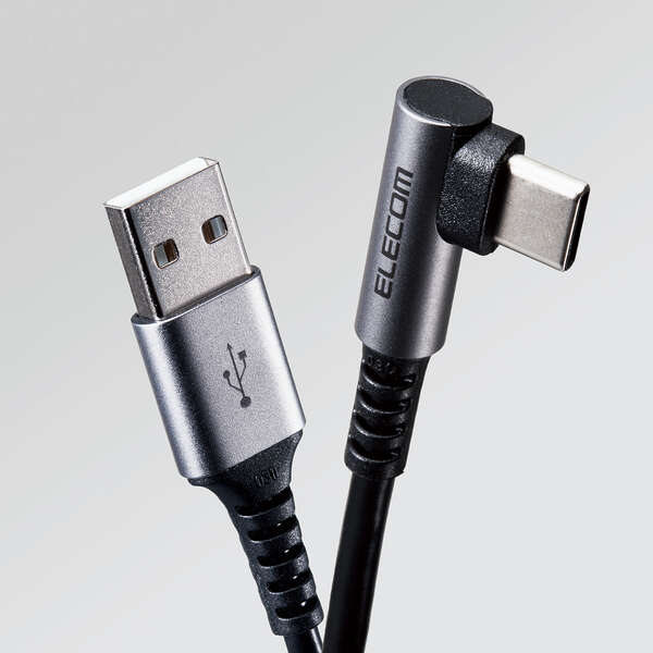 USB Type-Cケーブル/スマホ用/USB(A-C)/認証品/L字コネクタ/抗菌・抗ウイルス/0.3m/ブラック