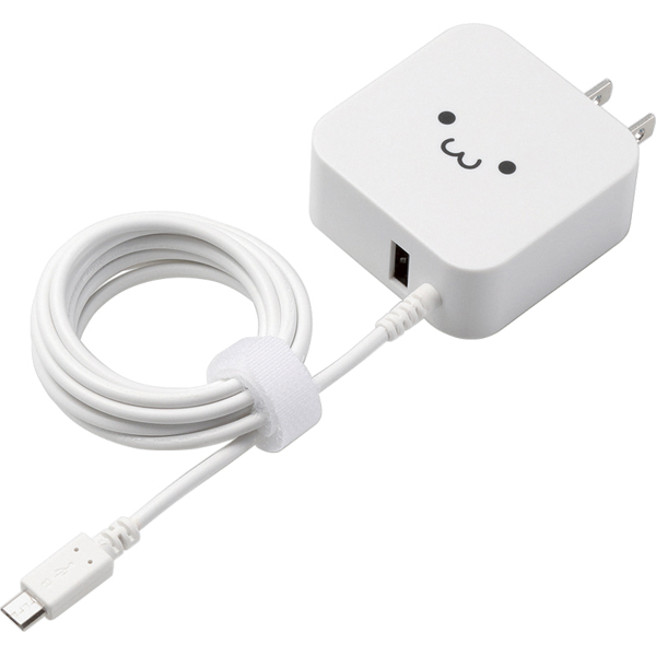 スマートフォン・タブレット用AC充電器/microBケーブル一体型/2.4A出力/USB-Aメス付/1.5m/ホワイトフェイス