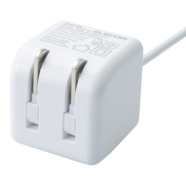 スマートフォン・タブレット用AC充電器/microUSB/CUBE型/直生え/1.0m/1.8A出力/ホワイトフェイス