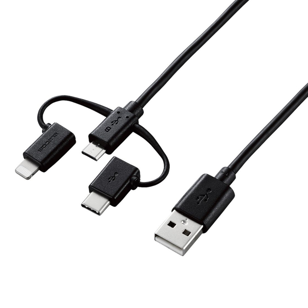 スマートフォン用USBケーブル/3in1/microUSB+Type-C+Lightning/0.3m/ブラック