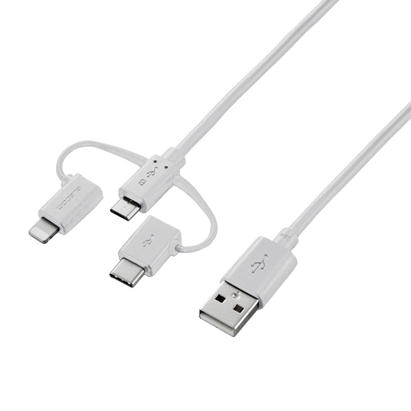 スマートフォン用USBケーブル/3in1/microUSB+Type-C+Lightning/0.3m/ホワイト