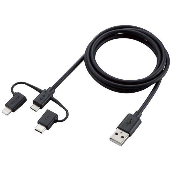 スマートフォン用USBケーブル/3in1/microUSB+Type-C+Lightning/1.2m/ブラック
