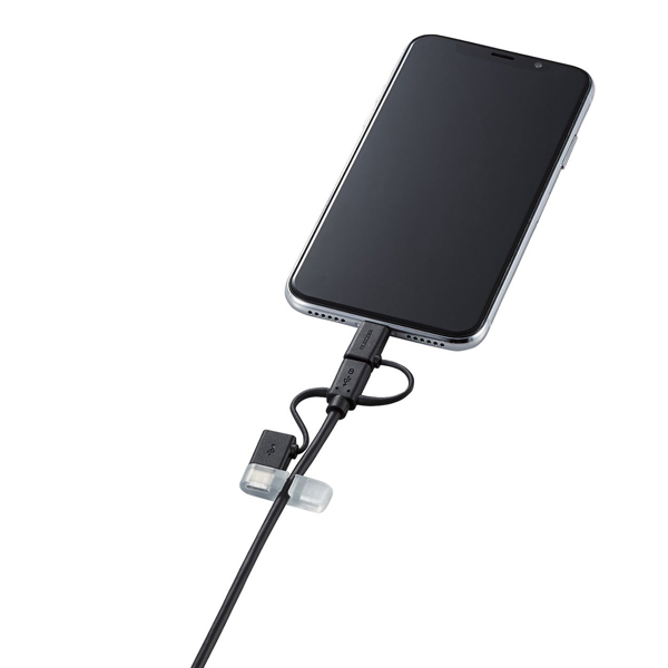 スマートフォン用USBケーブル/3in1/microUSB+Type-C+Lightning/1.2m/ブラック