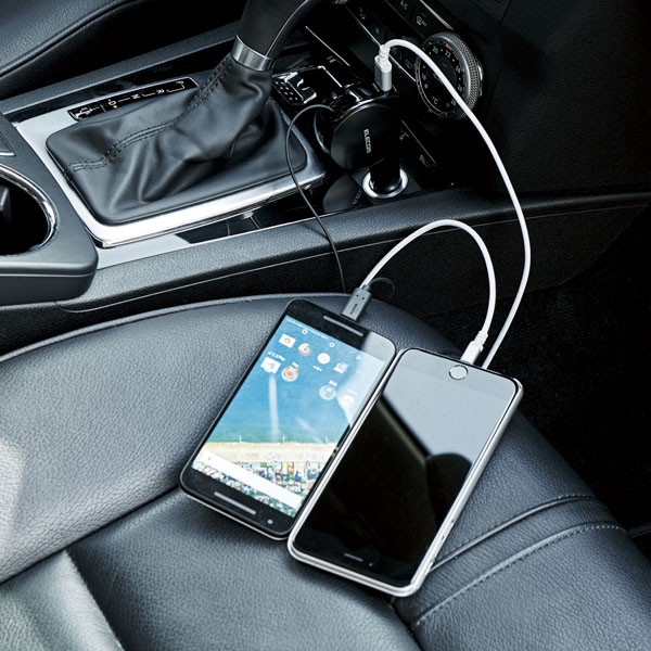 シガーチャージャー/Type-C/リールタイプ/USBポート付/おまかせ充電/90cm/5.4A/ブラック