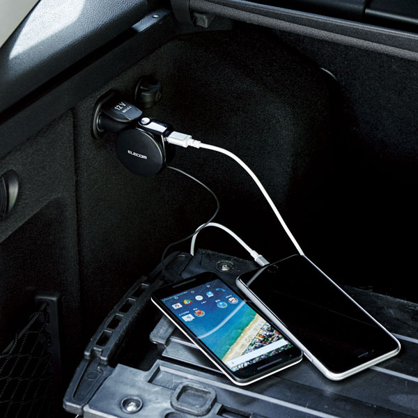 シガーチャージャー/Type-C/リールタイプ/USBポート付/おまかせ充電/90cm/5.4A/ブラック