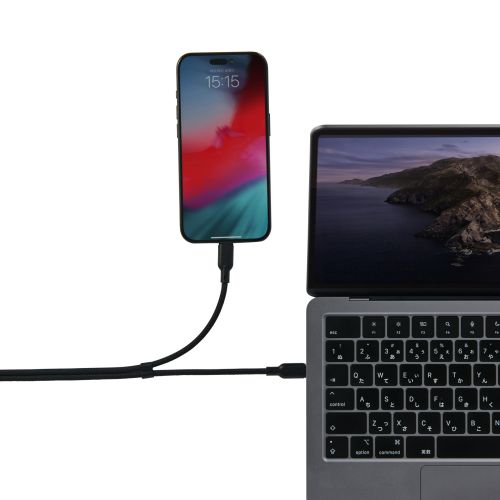 2in1 USBケーブル/Type-C+Type-C/ナイロンメッシュ/USB Power Delivery対応/最大140W/1.2m/ブラック