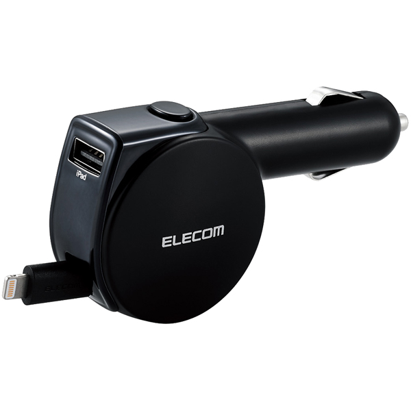 シガーチャージャー/リール90cm+USB Aポート/4.8A/インジケーター付/ブラック